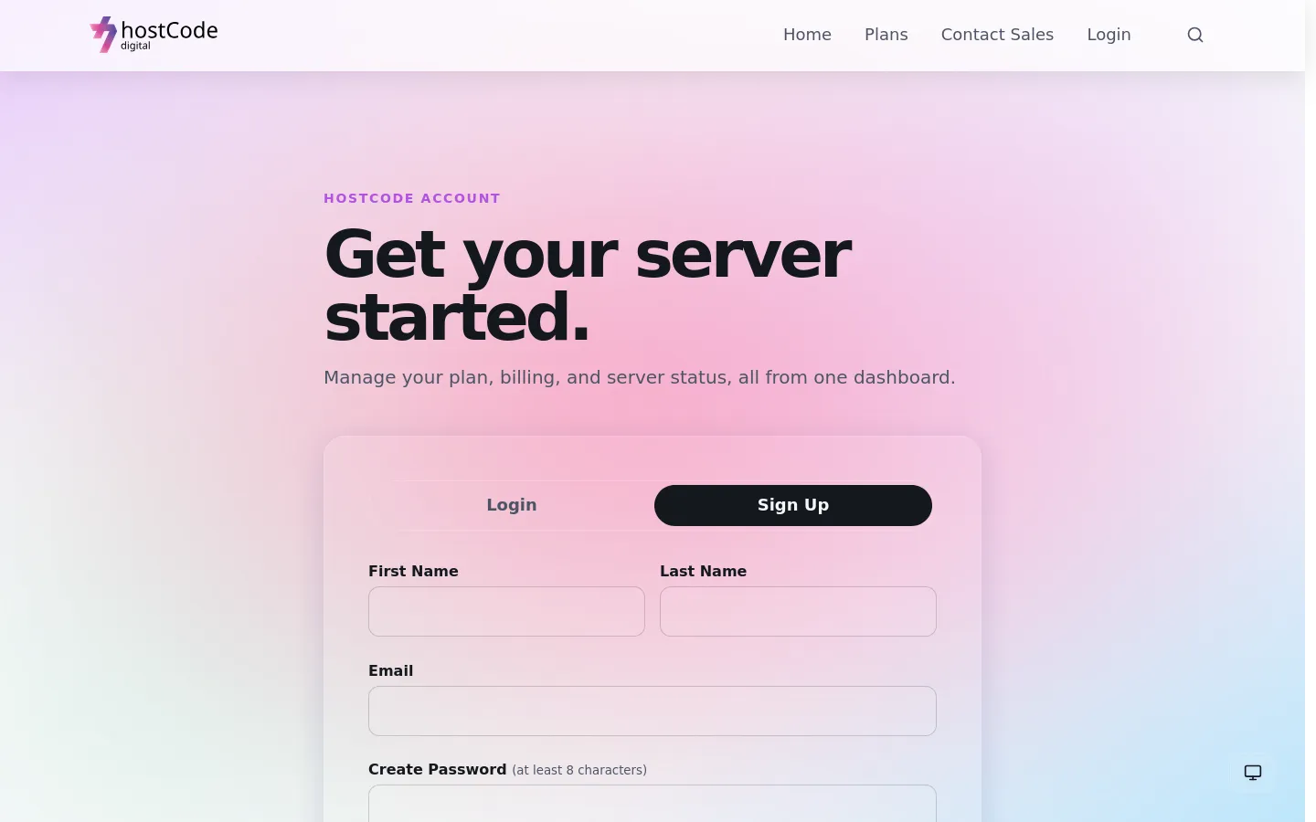 The hostCode sign-up form with fields for name, email and password.