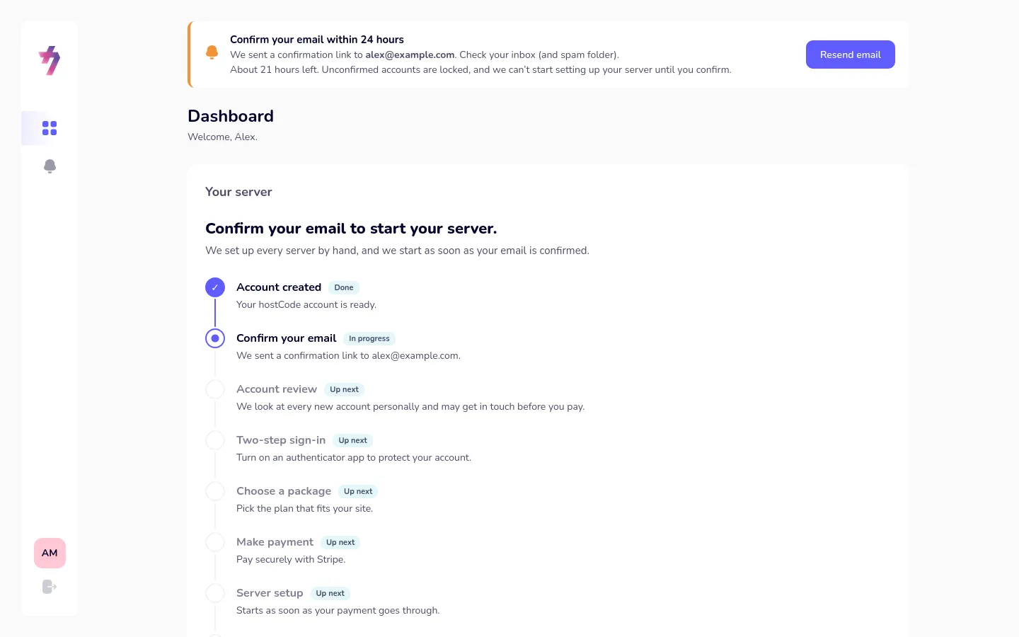 The dashboard asking to confirm the email address, with a list of the steps still to come.