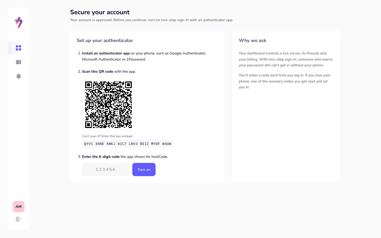The two-step sign-in setup screen with a QR code to scan and a box for the 6-digit code.