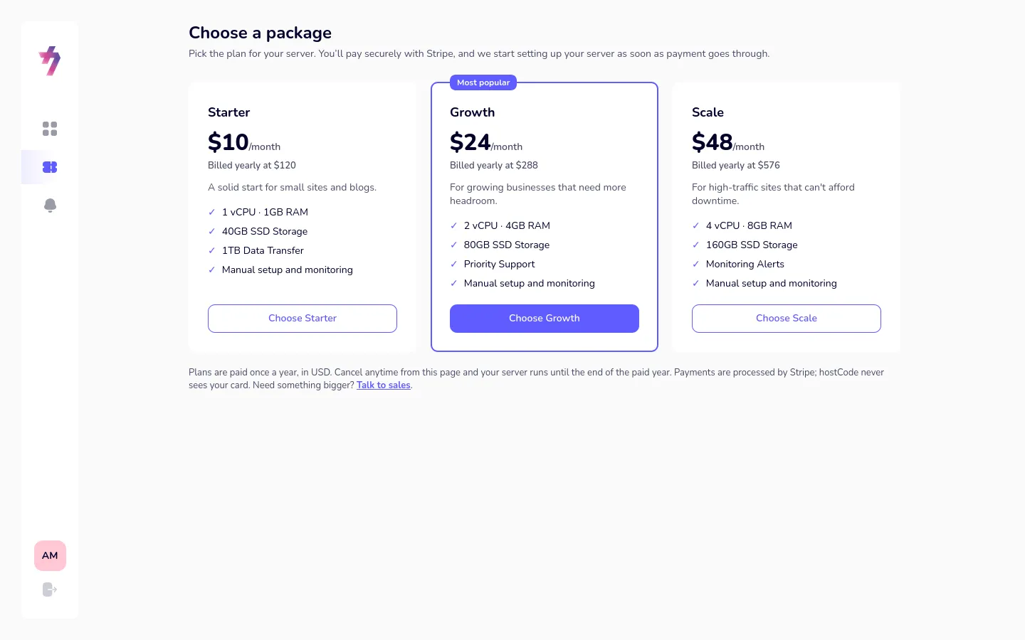 The three plans, Starter, Growth and Scale, with their yearly prices.