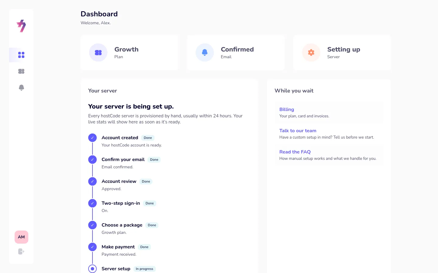 The dashboard showing the server being set up, with all earlier steps done.