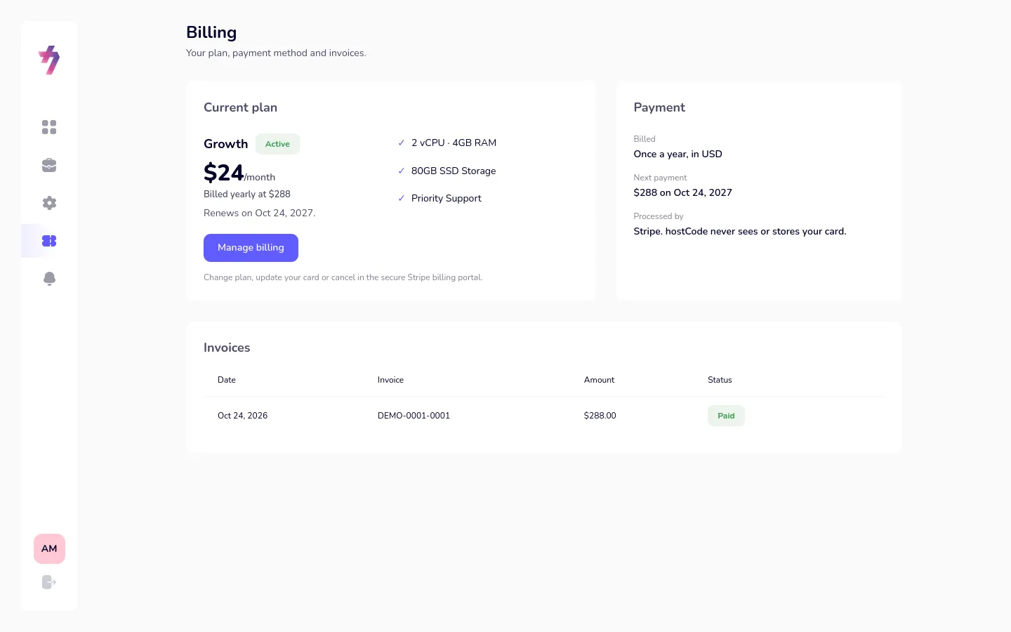 The billing page with the current plan, next payment and invoices.